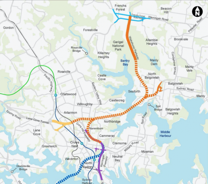 The broken orange lines show where the Beaches Link tunnel will be, the unbroken orange will be the roads leading in and out of the tunnel.